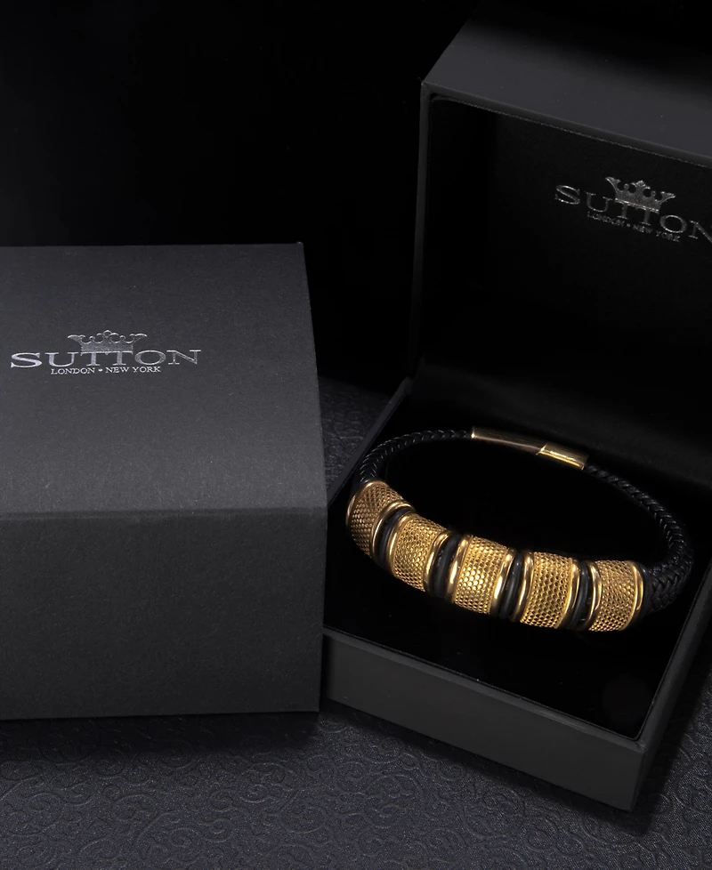 Rhona Sutton Vanguard Gold Black Leather Stainless Steel Bracelet