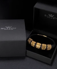Rhona Sutton Vanguard Gold Black Leather Stainless Steel Bracelet