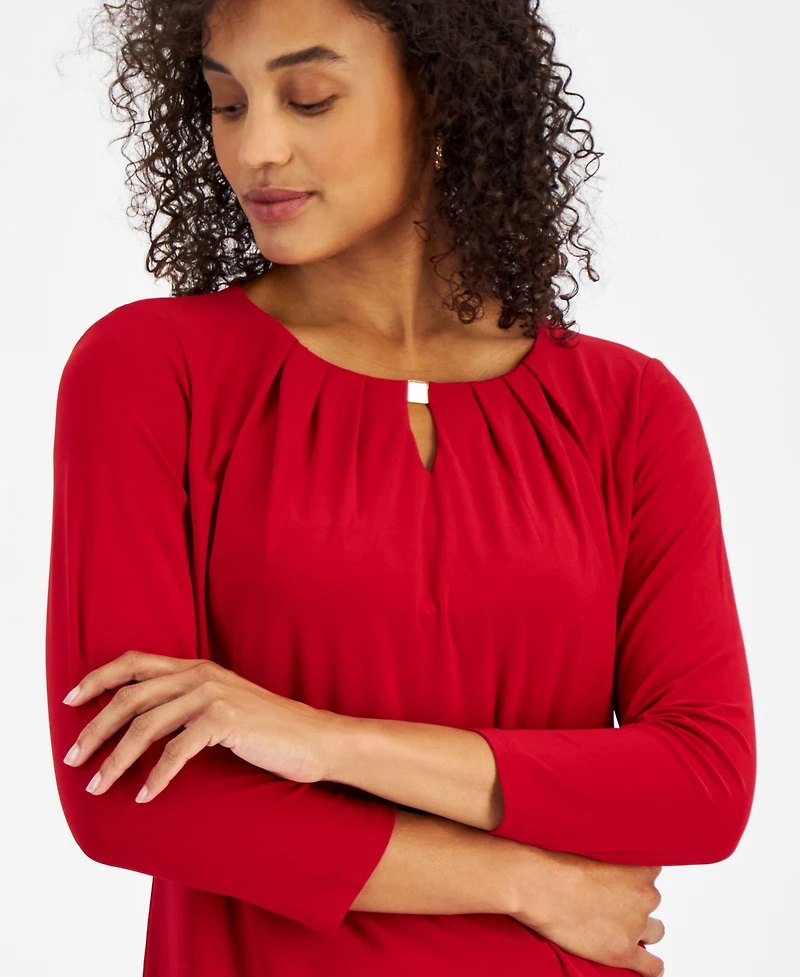 Kasper Womens Pleat-Neck 3/4-Sleeve Blouse