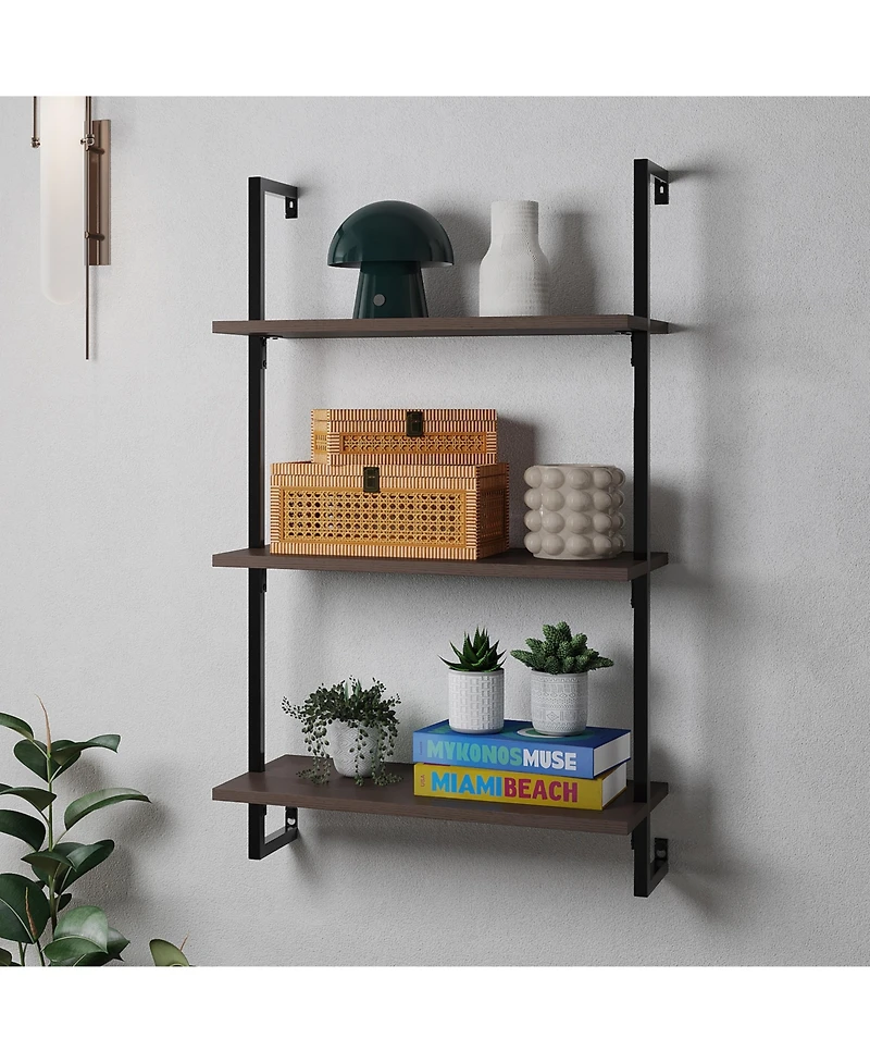 Madera Industrial 3-Shelf Wood Wall-Mounted Open Ladder Bookcase, Metal Frame