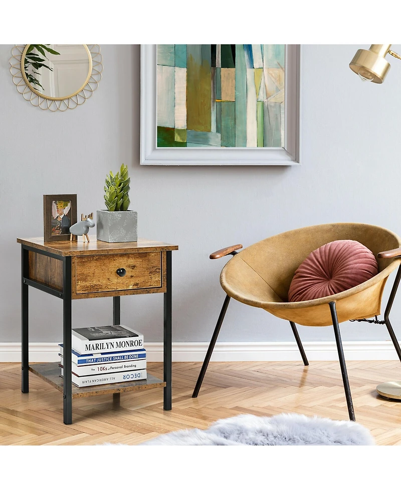 Gymax 2PCS Industrial End Side Table Nightstand with Drawer Shelf Rustic Brown