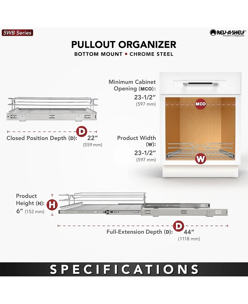 Rev-a-Shelf Kitchen Cabinet Pullout Shelf Organizer, 24 x 22 In, 5WB1-2422CR-1