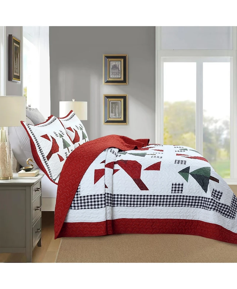 MarCielo 3 Pcs Winter Red Cardinals Christmas Quilt Bedspread Set King