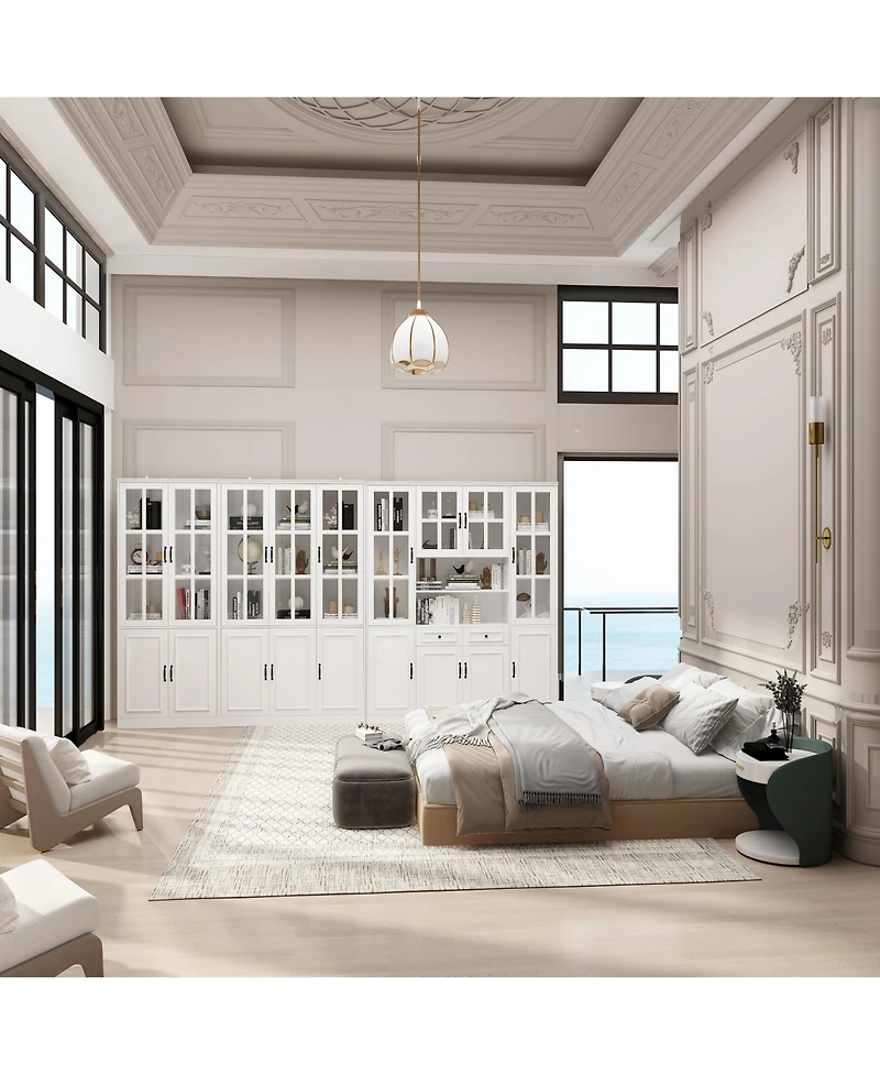 Famapy Luxurious Wall Wide White Bookcase with 30 Shelves & Doors
