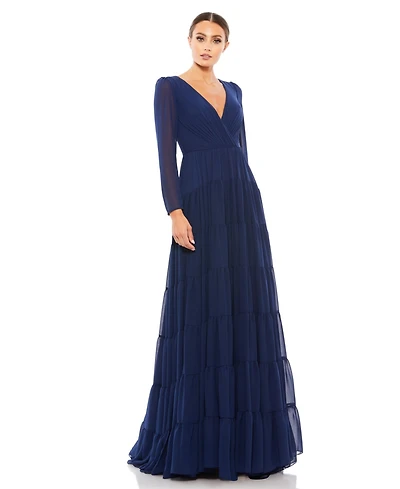 Mac Duggal Women's Long Sleeve Ruffle Tiered Evening Gown