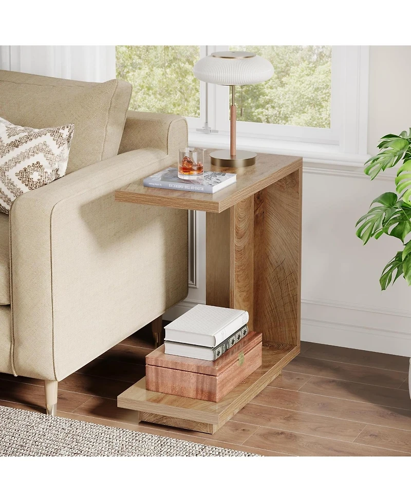Tribesigns C-Shaped Side Table, 2-Tier Narrow End Table with Sturdy Pedestal, Wood Bedside Table Nightstand, Industrial Sofa End Table, Brown, 2PCS