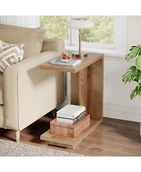 Tribesigns C-Shaped Side Table, 2-Tier Narrow End Table with Sturdy Pedestal, Wood Bedside Table Nightstand, Industrial Sofa End Table, Brown, 2PCS