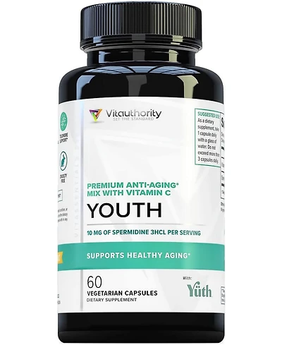 Youth Premium Anti-Aging Mix Capsules, Anti Aging Supplement for Women and Men s Longevity, Brain, Heart, Cell & Skin Support, Vitauthority, 60ct