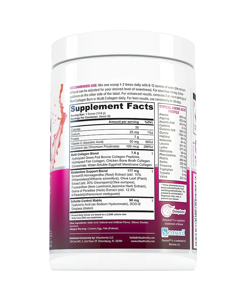 Vitauthority Multi Collagen Burn Hydrolyzed Collagen Peptides Powder with Types I Ii Iii V X, Supports Weight Loss, Strawberry Lemonade, Vitauthority,