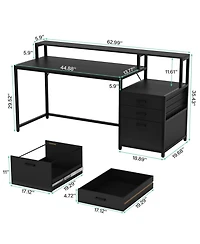 Tribesigns 63 Inch Computer Desk with File Drawer Cabinet, Ergonomic Office Monitor Stand, Table Printer Space, Wood Pc