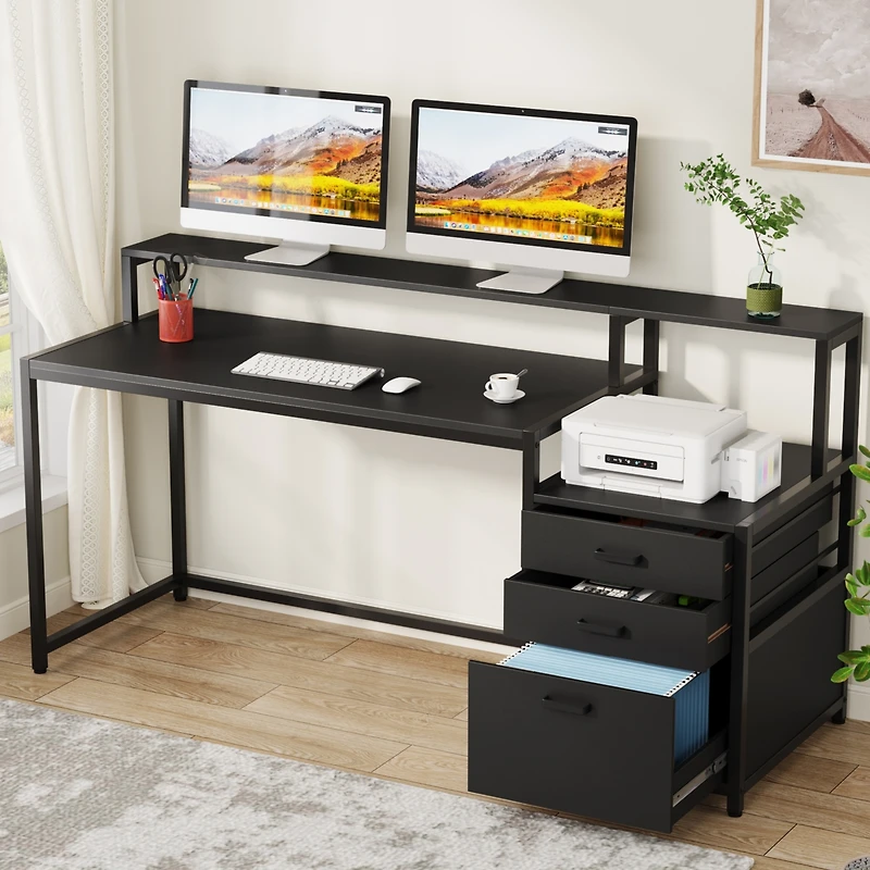 Tribesigns 63 Inch Computer Desk with File Drawer Cabinet, Ergonomic Office Monitor Stand, Table Printer Space, Wood Pc