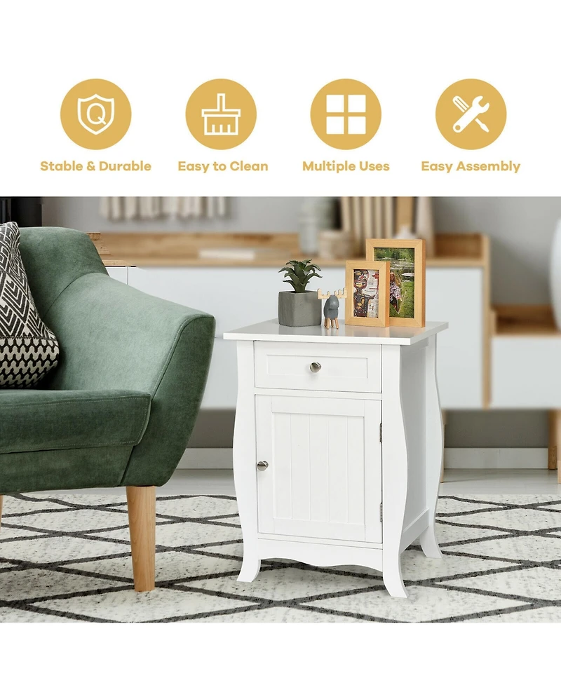 Gymax Accent End Table with Drawer Storage Cabinet Wooden Nightstand White