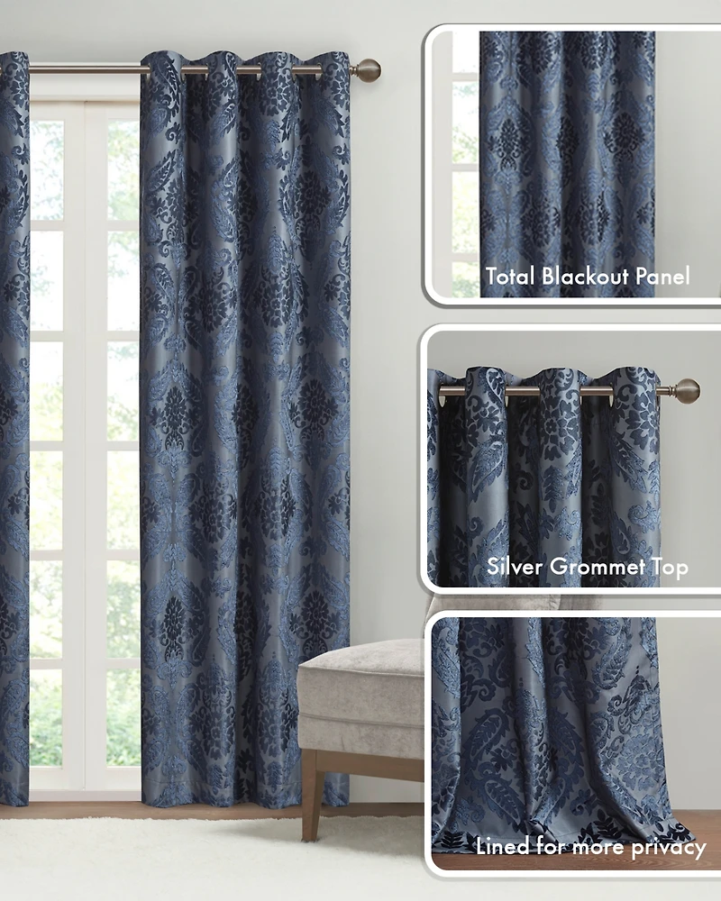 SunSmart Amelia Knitted Jacquard Paisley Total Blackout Grommet Top Curtain Panel, Single Curtain with Privacy Lining for Bedroom and Living Room
