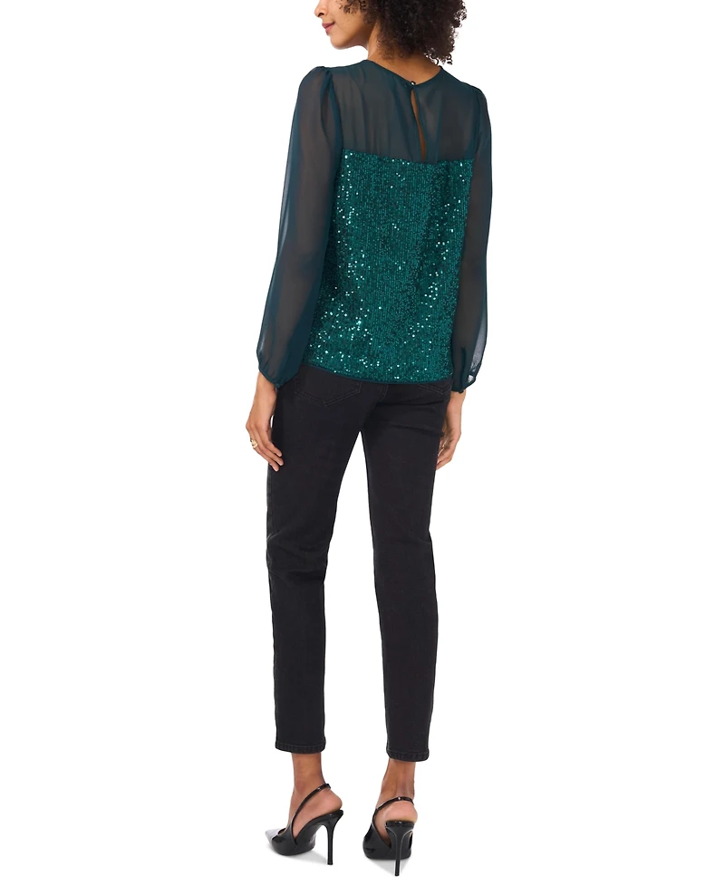 Vince Camuto Women's Sequin Crewneck Blouson Sleeve Top