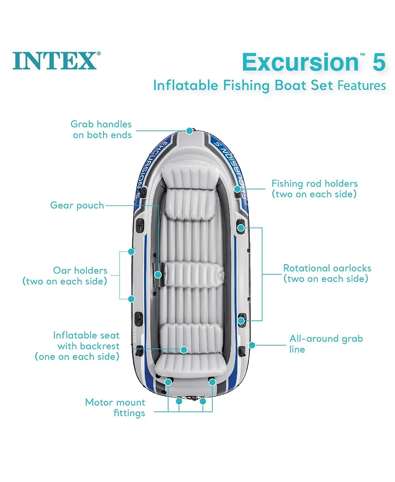 Intex Excursion 5 Person Inflatable Boat, Water Fishing River Raft Set w/Oars