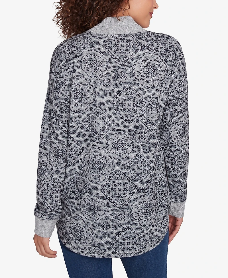Ruby Rd. Petite V-Neck Leopard Medallion Printed Hatchi Knit Top with Solid Rib Trim