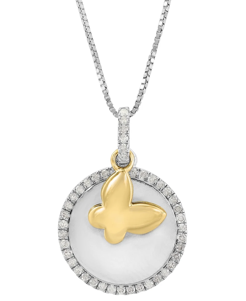 Effy Diamond Disc & Butterfly Two Charm 18" Pendant Necklace (1/4 ct. t.w.) in Sterling Silver & Gold-Plate