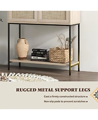 Rattan Console Table with 2 Rattan Drawers & Open Storage Shelf Metal Legs
