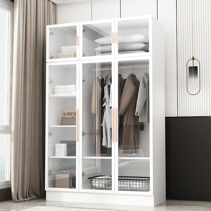 Famapy White Glass Doors Armoires Metal Frame Wardwore with Led Lights