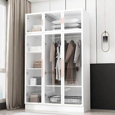 Famapy White Glass Doors Armoires Metal Frame Wardwore with Led Lights