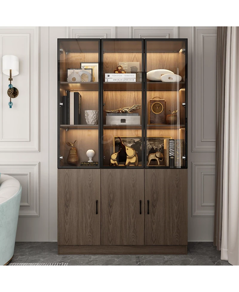 Famapy 10-Shelf Bookshelf With Glass Doors, Led Lights, Drawers
