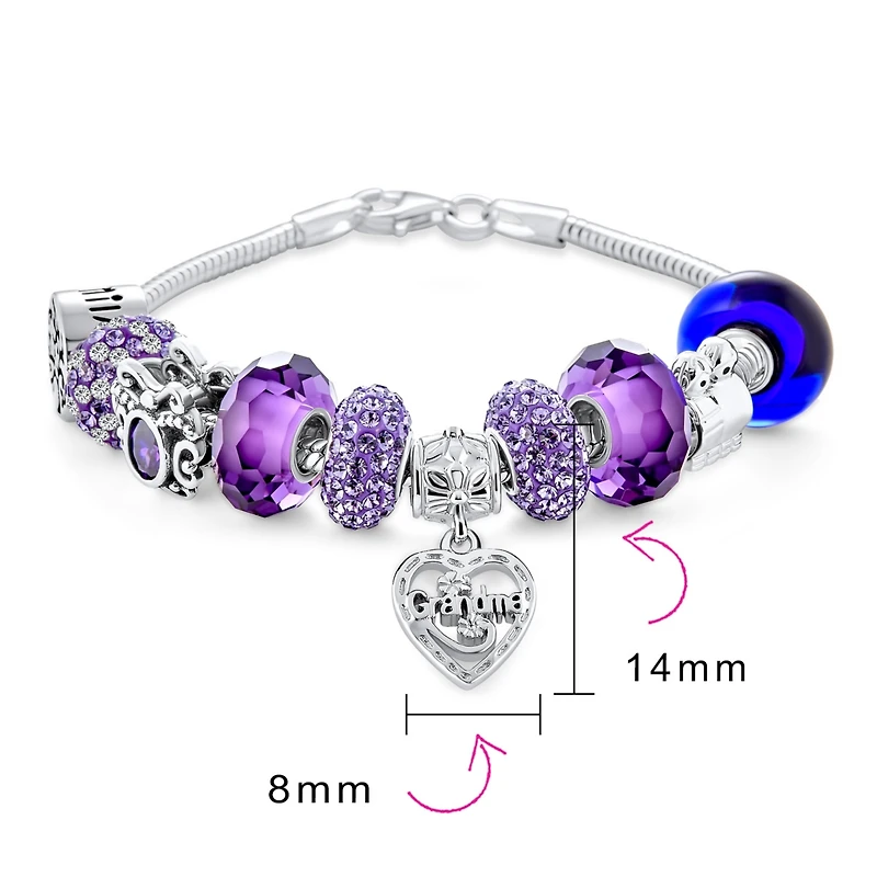 Bling Jewelry Purple Love Grandma Family Themed Starter Beads Multi Charm Bracelet For Grand Mother Women .925 Sterling Silver Snake Chain European Ba