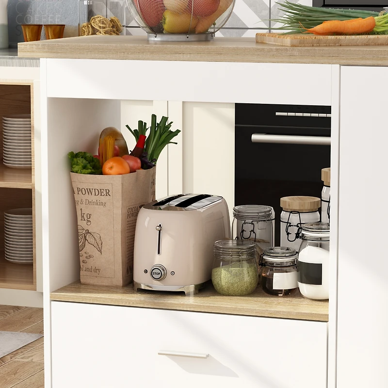 Kitchen island with 2 doors, 1 drawer, island storage table with dining table, coffee station and microwave rack for home and dining room, white