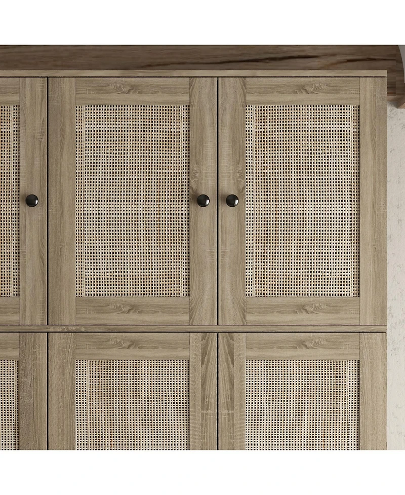 Famapy Brown Rattan Doors Wardrobe with 3-Drawers,Hanging Rod,Top Cabinet
