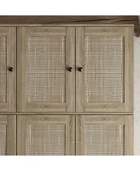 Famapy Brown Rattan Doors Wardrobe with 3-Drawers,Hanging Rod,Top Cabinet