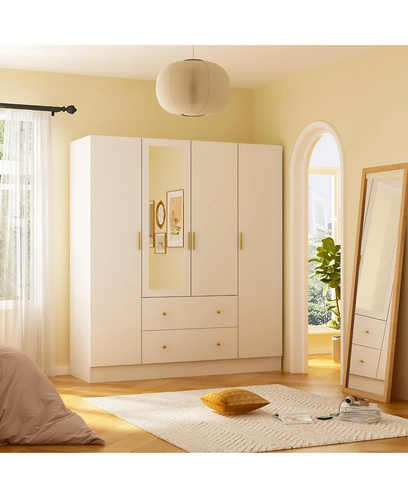 Famapy White 4-Door Armoires with Mirror, 2 Hanging Rods, 2-Drawers