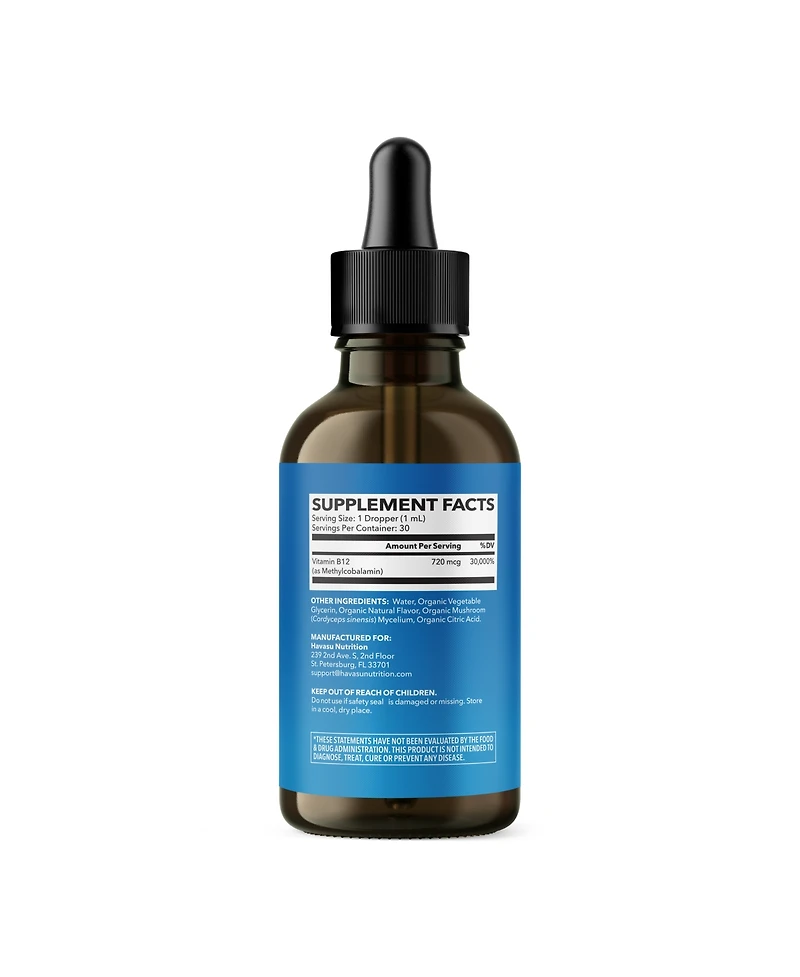 Methyl B12 Energy Booster Liquid Drops, Vitamin Energy Boost, B12 Bioavailable Form for B12 Pathway, Strawberry Flavored, Havasu Nutrition, 1 fl oz