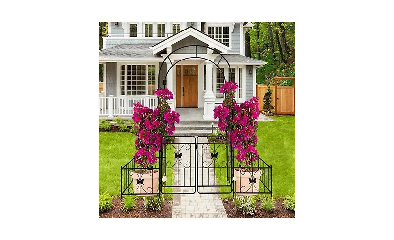 Slickblue Metal Garden Arch with Gate – 79.5'' Wide x 86.6'' High, Black Climbing Plants Support, Rose Arch for Outdoor Use