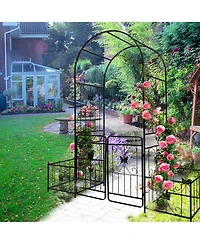 Slickblue Metal Garden Arch with Gate – 79.5'' Wide x 86.6'' High, Black Climbing Plants Support, Rose Arch for Outdoor Use
