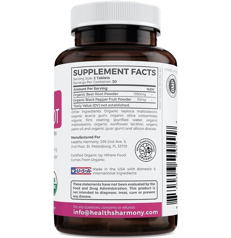 Healths Harmony Organic Beet Root Tablets, Super Antioxidant and Nitrate Supplement for Athletic Performance and Stamina, Health's Harmony, 60ct