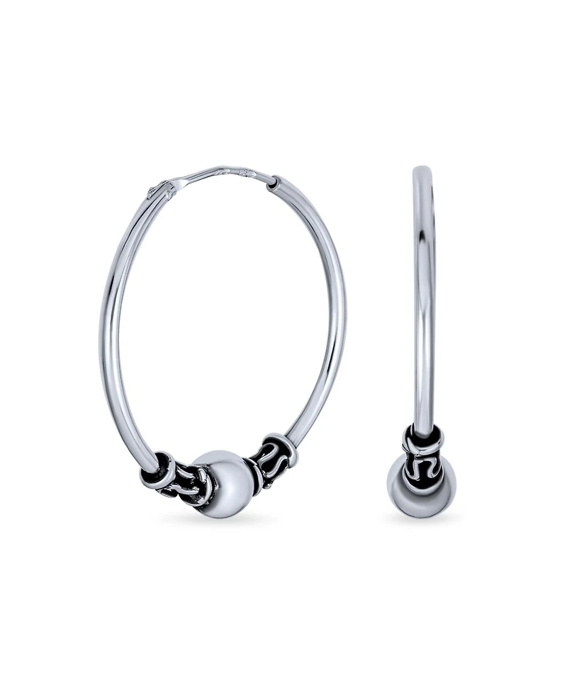 Bling Jewelry Bali Style Tribal Ball Bead Continuous Endless Round Hoop Earrings Oxidized .925 Sterling Silver 1 Inch Diameter