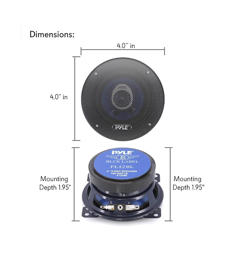 Pyle 4" Two-Way Car Speakers, 180 Watt, Blue