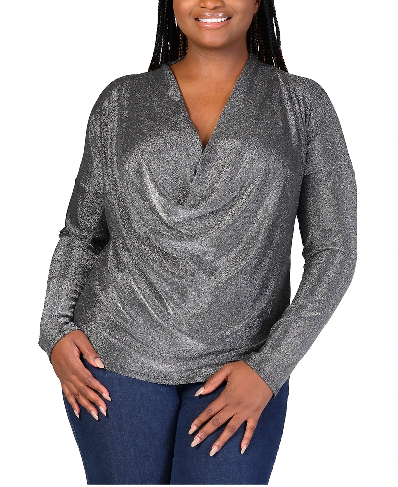 24seven Comfort Apparel Plus Size Cowl Neck Long Sleeve Shimmery Top