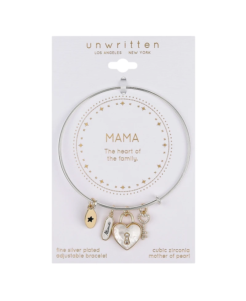 Unwritten Cubic Zirconia and Mother of Pearl Heart Lock and Key "Mama" Bangle Bracelet