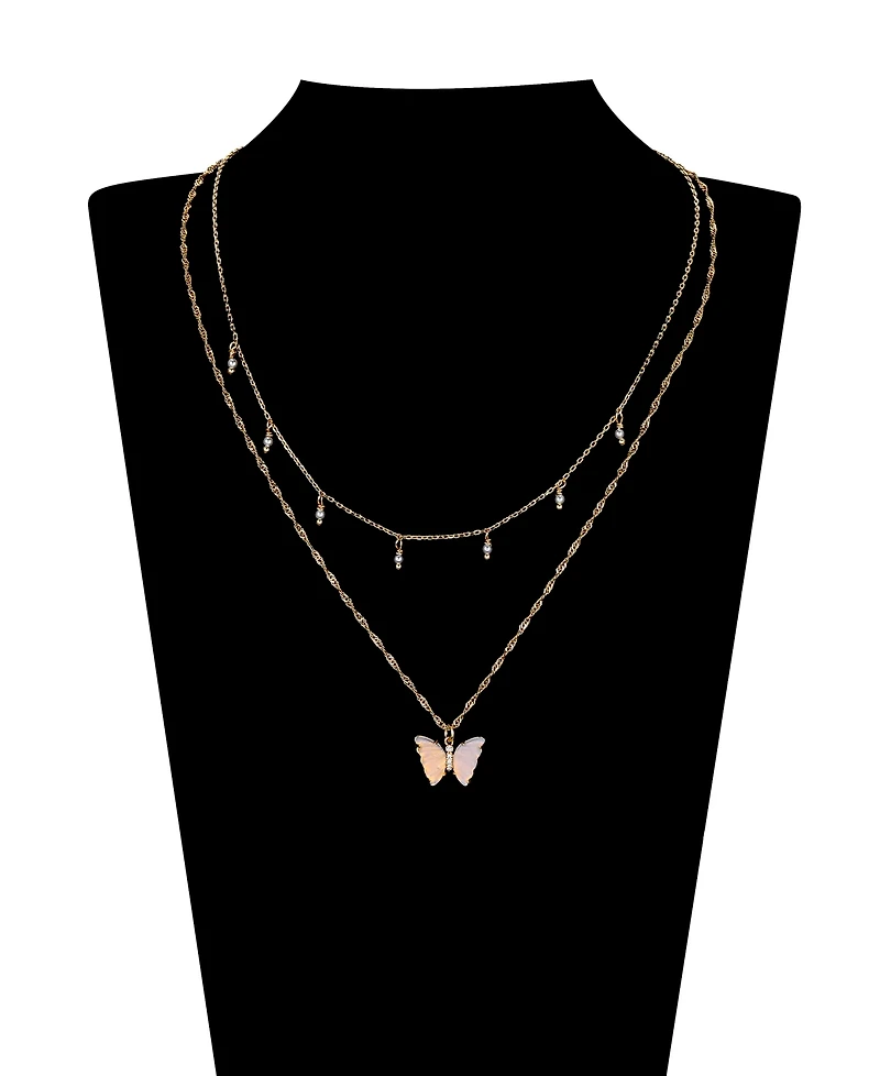 Unwritten Opalite Butterfly and Glass Cultivated Pearl Layered Pendant Necklace Set