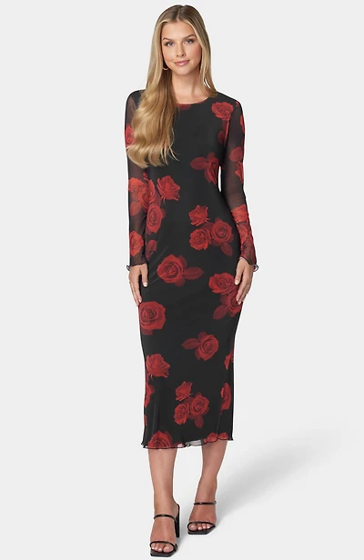 Bebe Women's Long Sleeve Printed Powermesh Maxi