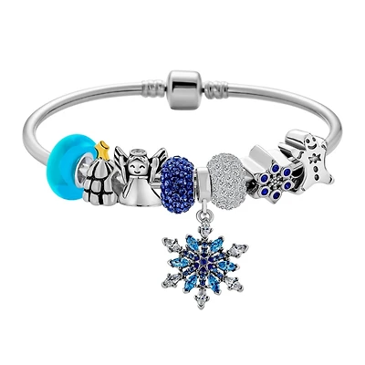 Bling Jewelry Elegant Blue Ice Snowflake Charm Bracelet with Crystal Beads and Silver Clasp