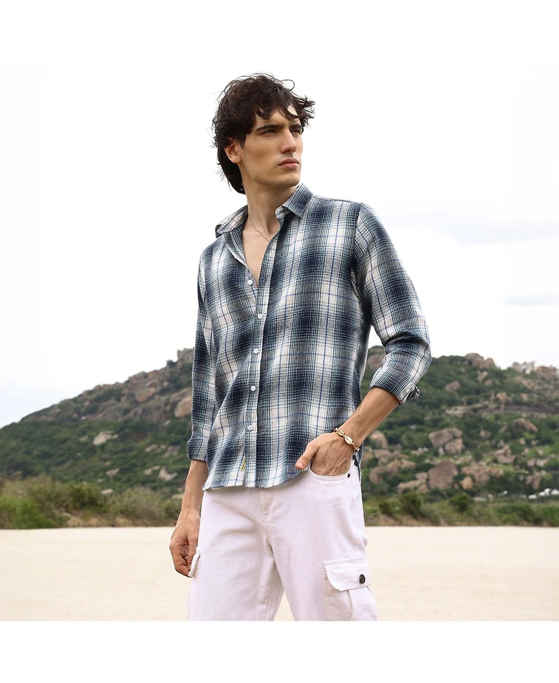 Men's Navy Blue & Ivory White Ombre Buffalo Check Shirt