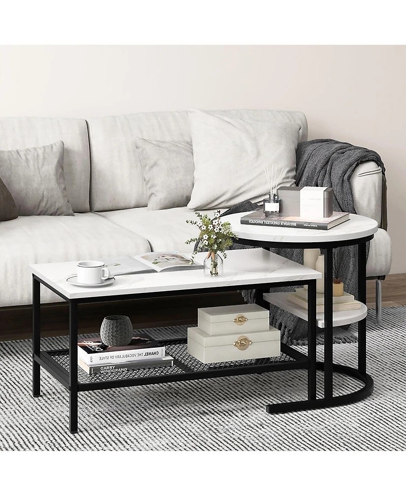 Gymax Nesting Coffee Table Set of 2 Faux Marble Top Detachable w/ Storage Shelf Gold