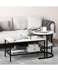 Gymax Nesting Coffee Table Set of 2 Faux Marble Top Detachable w/ Storage Shelf Gold