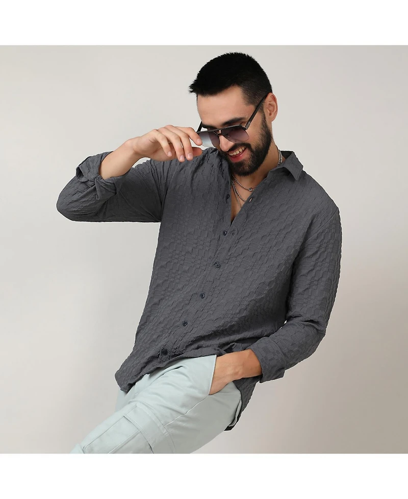 Men's Charcoal Grey Embossed Geometric Shirt
