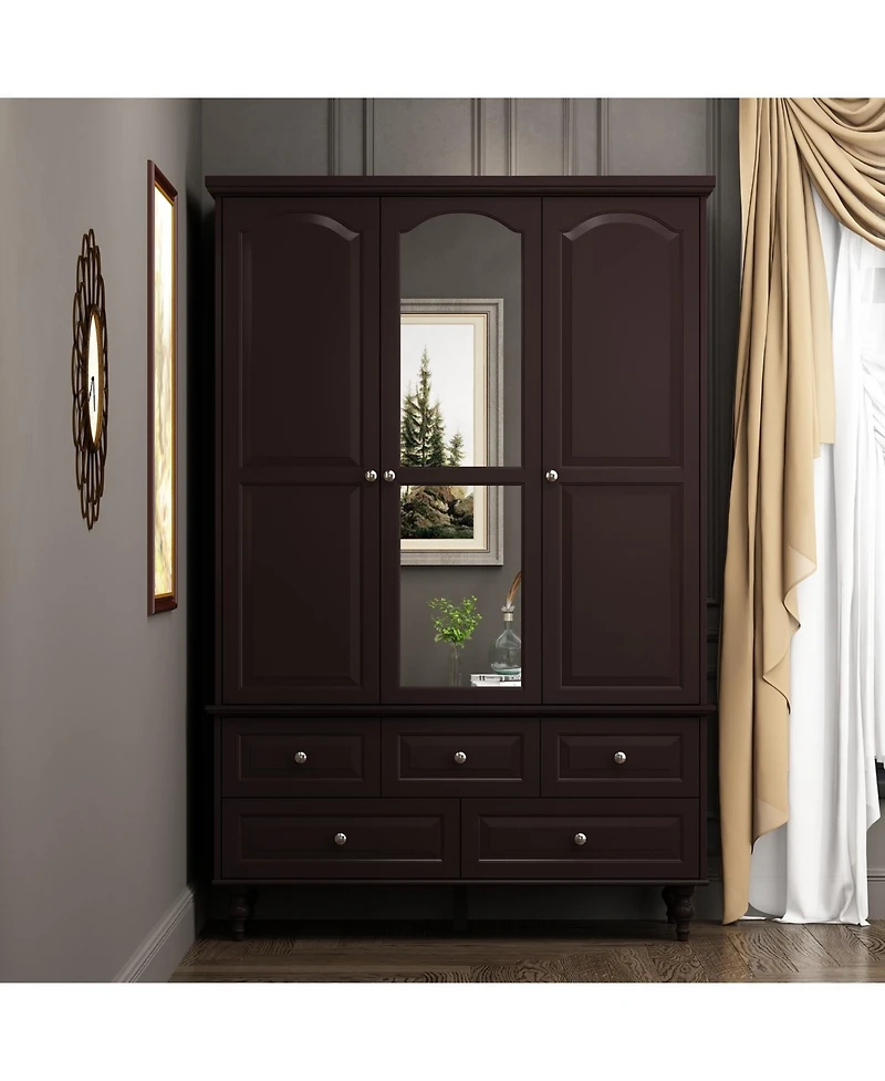 Famapy Brown Paint Big Wardrobe Armoires With Mirror,Drawers,Shelves