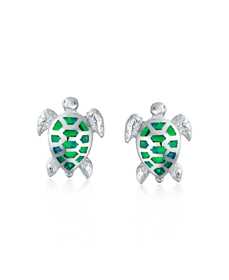 Bling Jewelry Nautical Beach Vacation Iridescent Created Opal Inlay Sea Tortoise Turtle Stud Earrings Sterling Silver 13MM