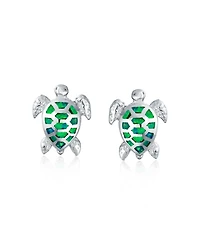 Bling Jewelry Nautical Beach Vacation Iridescent Created Opal Inlay Sea Tortoise Turtle Stud Earrings Sterling Silver 13MM