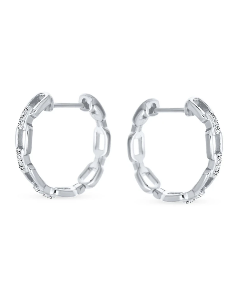Bling Jewelry Elegant Round Paper Clip Link Open Pave Cz Accent Chain Link Hoop Earrings Of Cubic Zirconia .925 Sterling Silver .75 Inch