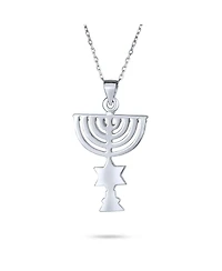 Bling Jewelry Created Blue Opal Religious Judaica Hanukkah Menorah Star Of David Pendant Necklace Bat Mitzvah Silver